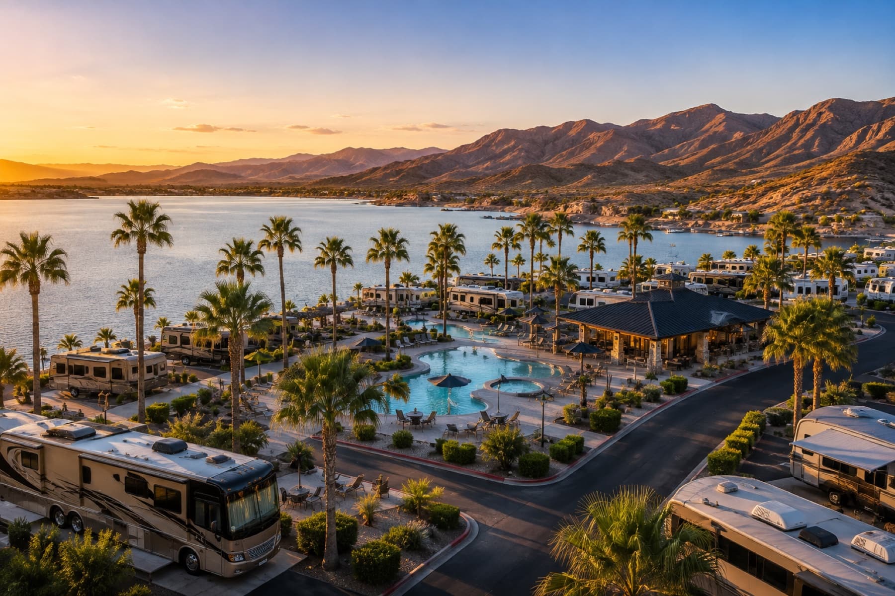 Luxury RV resort overlooking a lake at sunset